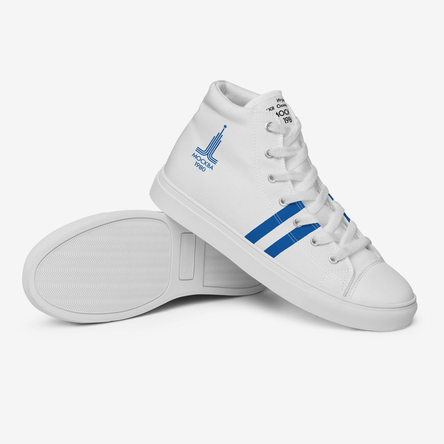 Moscow 1980 Olympic Games high-top shoes with vintage navy graphics on white canvas, featuring the Olympic emblem and retro stripes. www.artsoviet.com