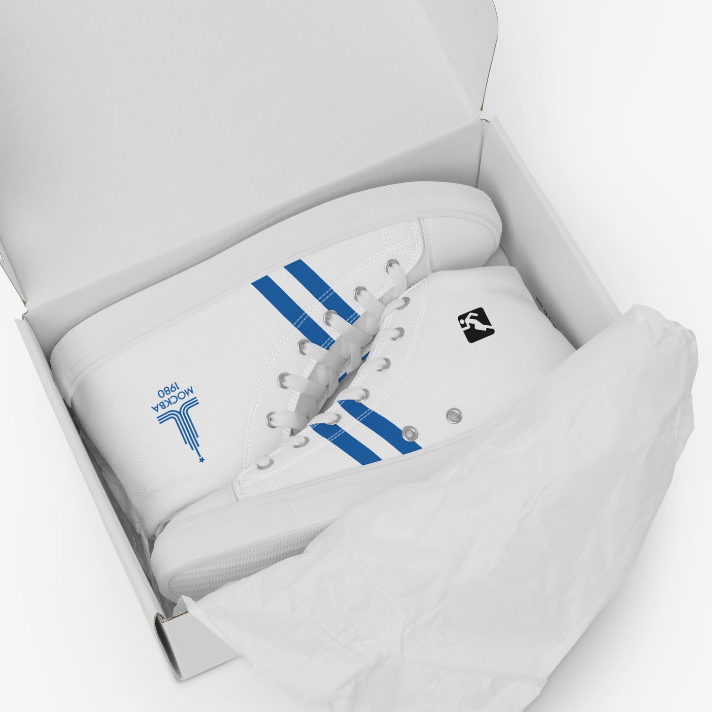 Moscow 1980 Olympic Games high-top shoes with vintage navy graphics on white canvas, featuring the Olympic emblem and retro stripes. www.artsoviet.com