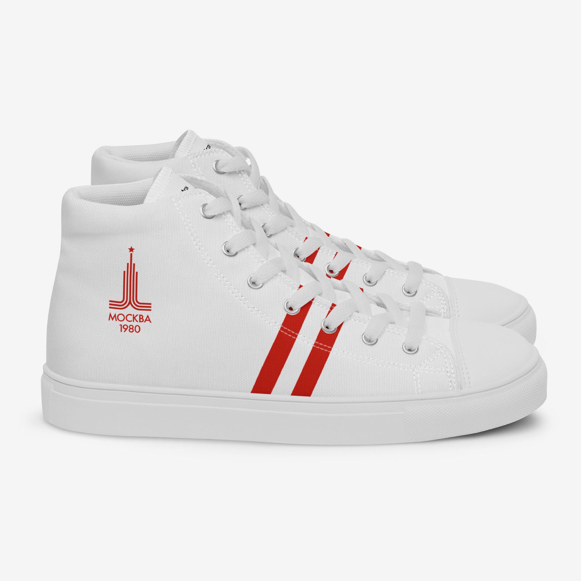 Moscow 1980 Olympic Games high-top shoes with vintage red graphics on white canvas, featuring the Olympic emblem and retro stripes. Right side. www.artsoviet.com