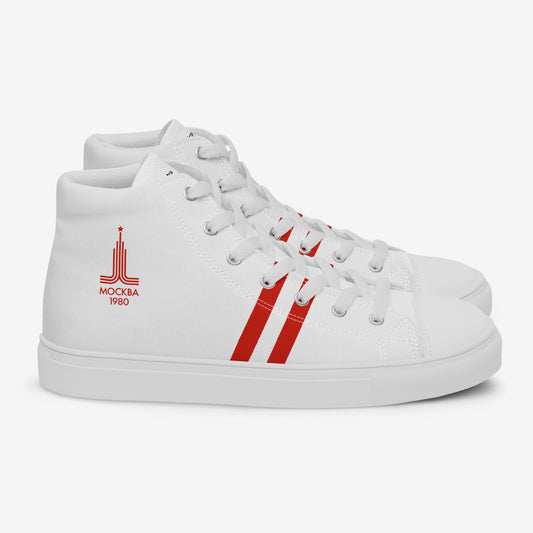 Moscow 1980 Olympic Games high-top shoes with vintage red graphics on white canvas, featuring the Olympic emblem and retro stripes. Right side. www.artsoviet.com