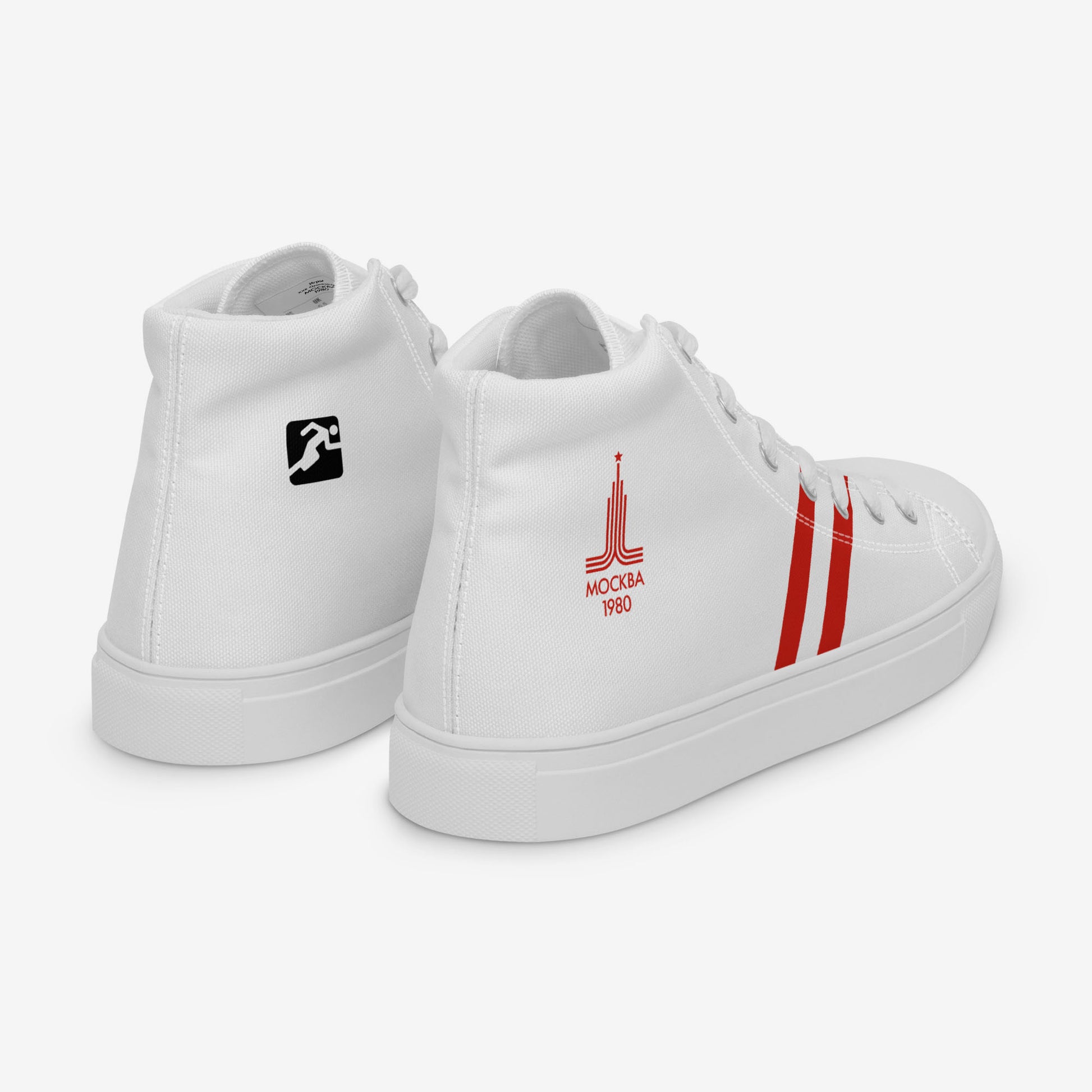 Moscow 1980 Olympic Games high-top shoes with vintage red graphics on white canvas, featuring the Olympic emblem and retro stripes. Back side top view. www.artsoviet.com