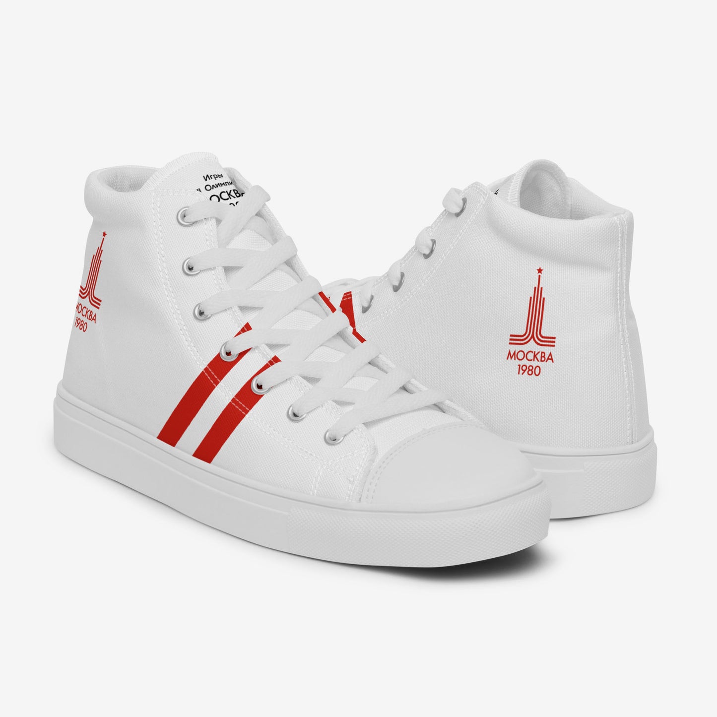 Moscow 1980 Olympic Games high-top shoes with vintage red graphics on white canvas, featuring the Olympic emblem and retro stripes. Left and right side. www.artsoviet.com