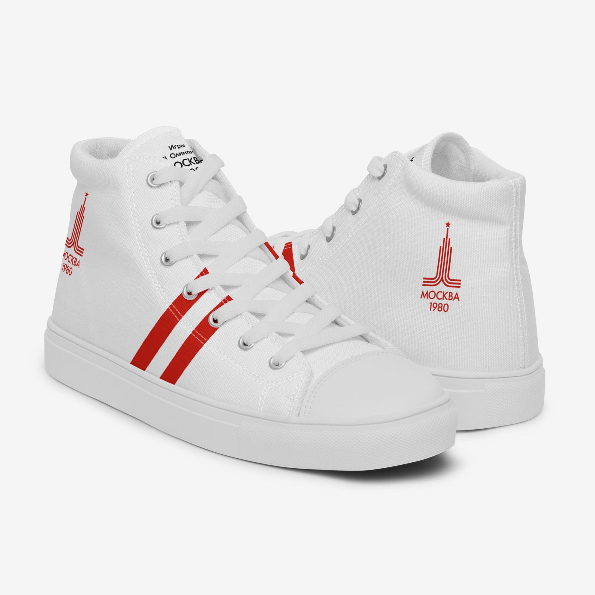 Moscow 1980 Olympic Games high-top shoes with vintage red graphics on white canvas, featuring the Olympic emblem and retro stripes. Left and right side. www.artsoviet.com