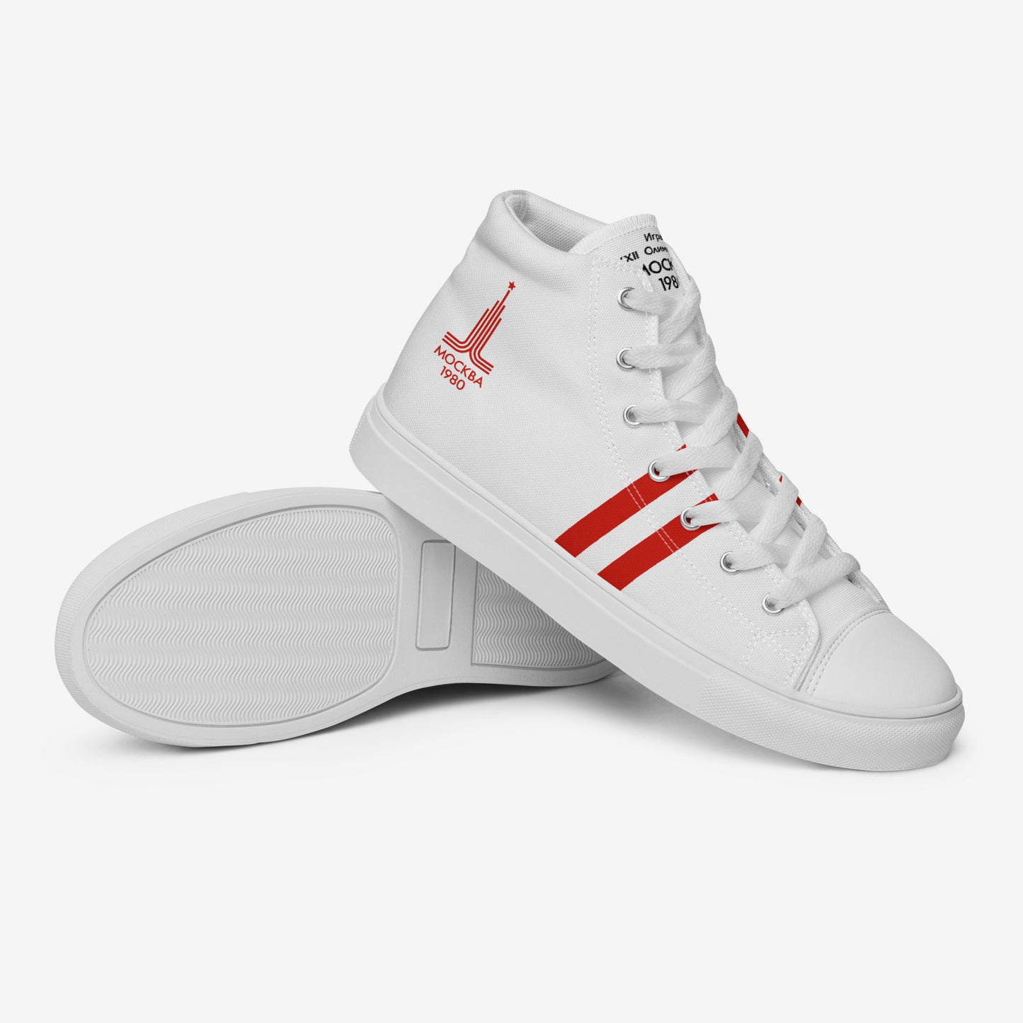 Moscow 1980 Olympic Games high-top shoes with vintage red graphics on white canvas, featuring the Olympic emblem and retro stripes. Side view. www.artsoviet.com