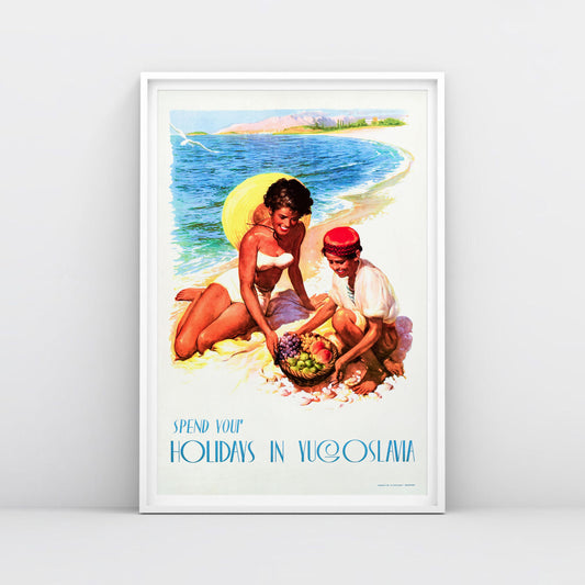 Large vintage Yugoslavia summer travel poster – Adriatic beach woman and fruit boy