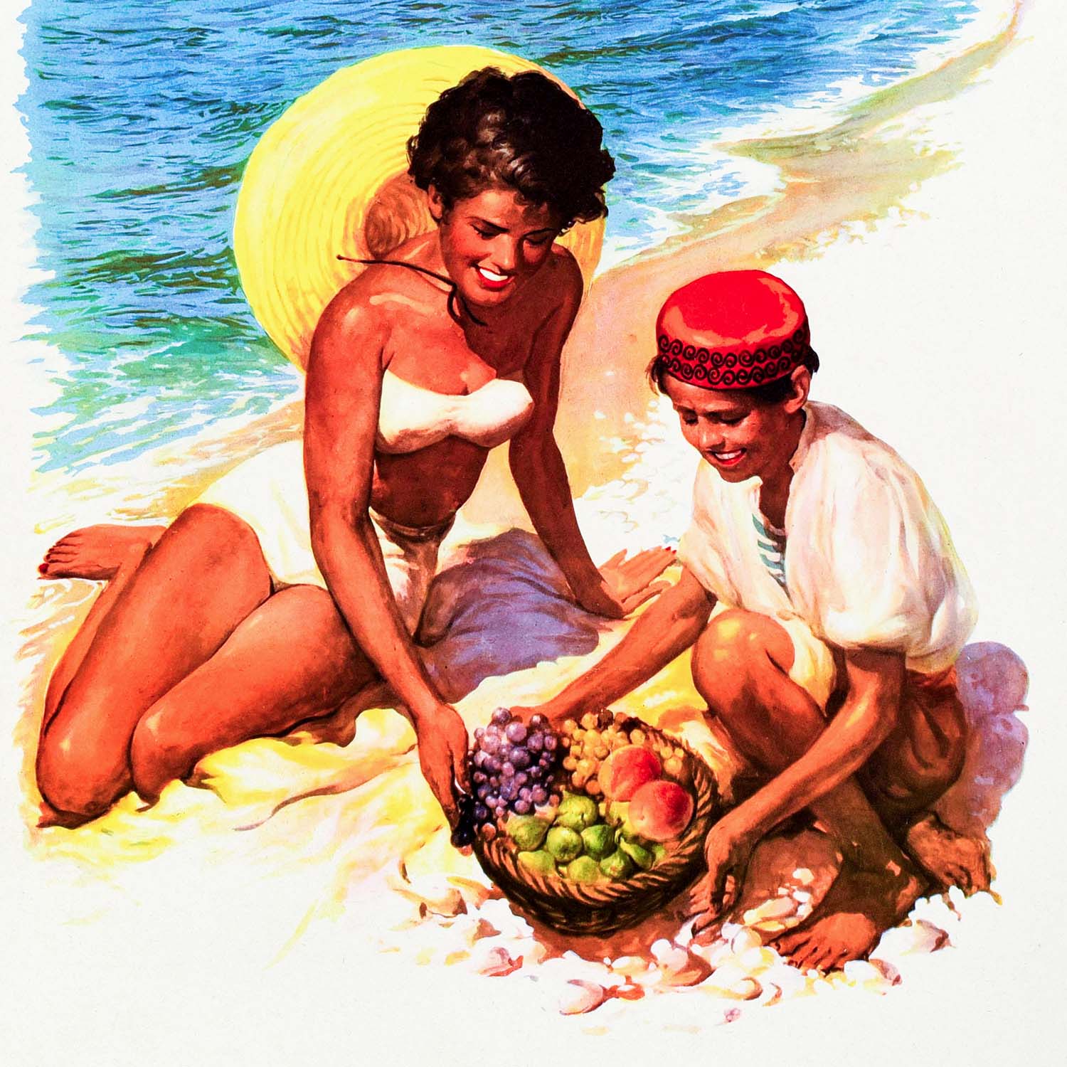 Large vintage Yugoslavia summer travel poster – Adriatic beach woman and fruit boy