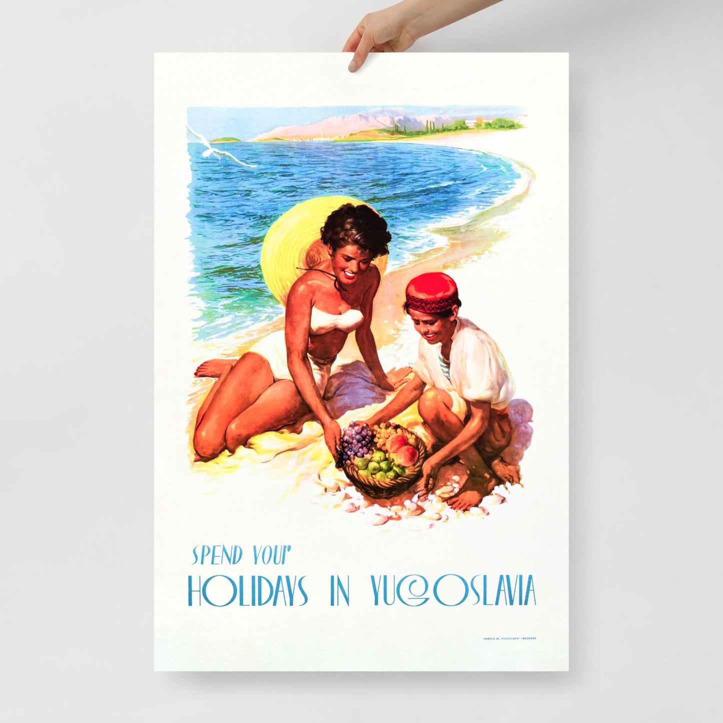 Large vintage Yugoslavia summer travel poster – Adriatic beach woman and fruit boy