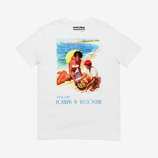 Vintage Yugoslavia beach T-shirt – Adriatic summer girl in bikini and fruit seller boy retro tee
