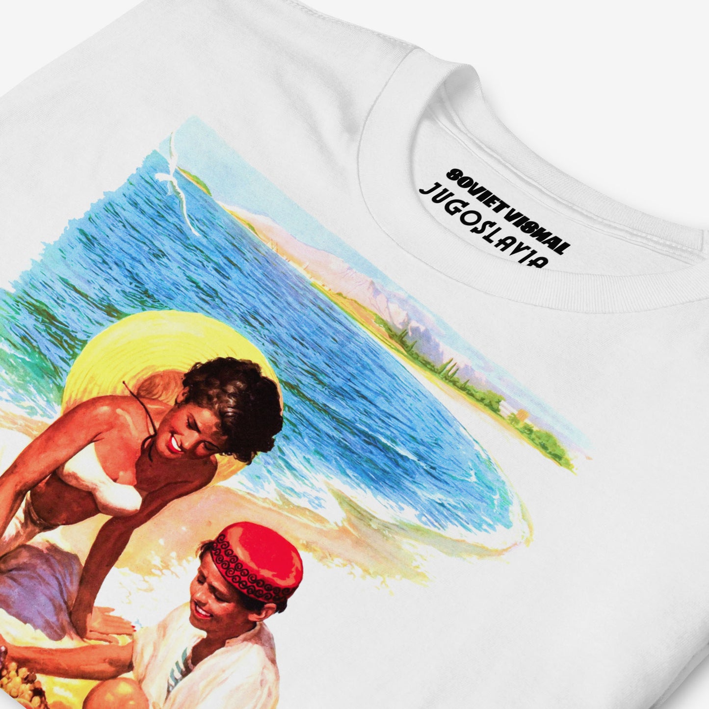 Vintage Yugoslavia beach T-shirt – Adriatic summer girl in bikini and fruit seller boy retro tee