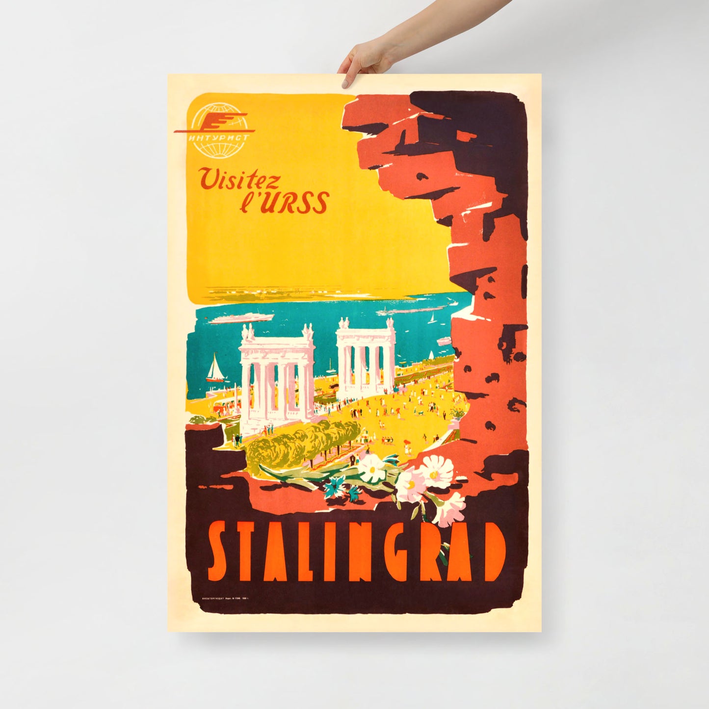 Hand holding large 91x62cm original rare Intourist Stalingrad USSR Travel Poster 1952. www.artsoviet.com