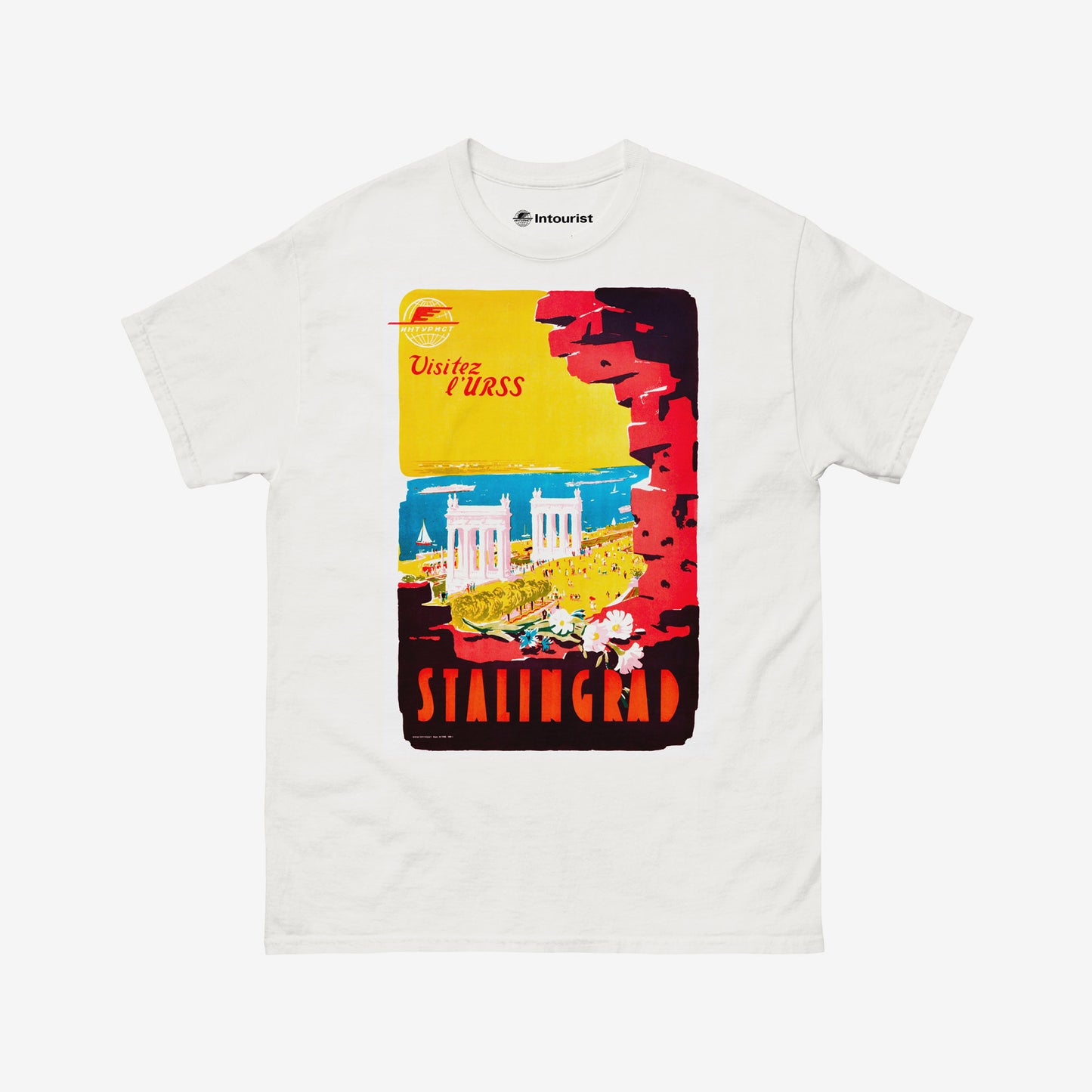 Premium Unisex T-Shirt featuring rare Intourist Stalingrad 1952 Travel Poster Print. www.artsoviet.com
