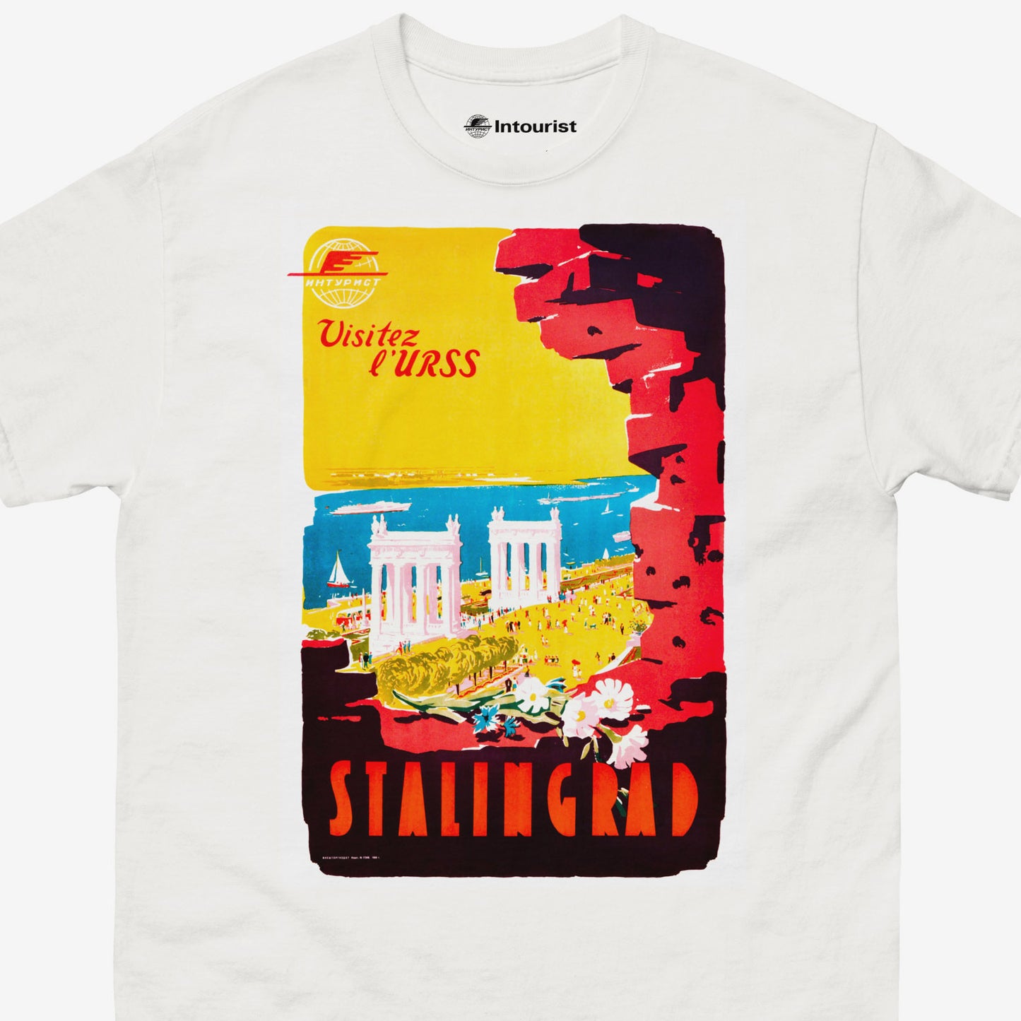 Premium Unisex T-Shirt featuring rare Intourist Stalingrad 1952 Travel Poster Print. Closeup photo with Intourist logo on the branded necktag. www.artsoviet.com