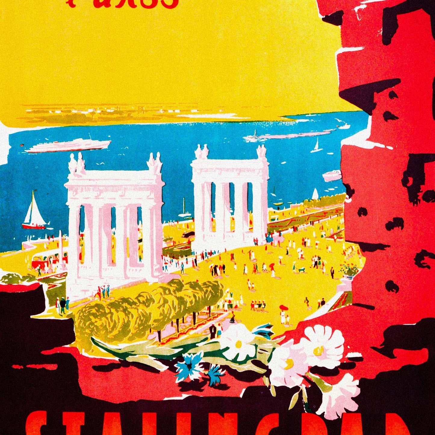 Premium Unisex T-Shirt featuring rare Intourist Stalingrad 1952 Travel Poster Print. Closeup print detail quality photo. www.artsoviet.com