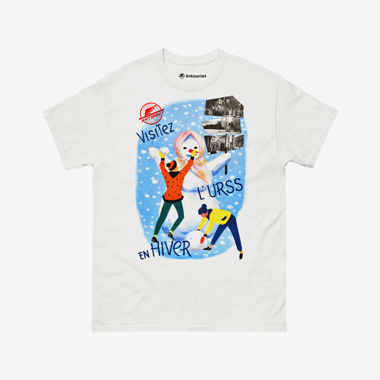 Unisex white vintage 1958 Intourist Travel T-shirt Visit the USSR in Winter featuring young people building a snowman. www.artsoviet.com