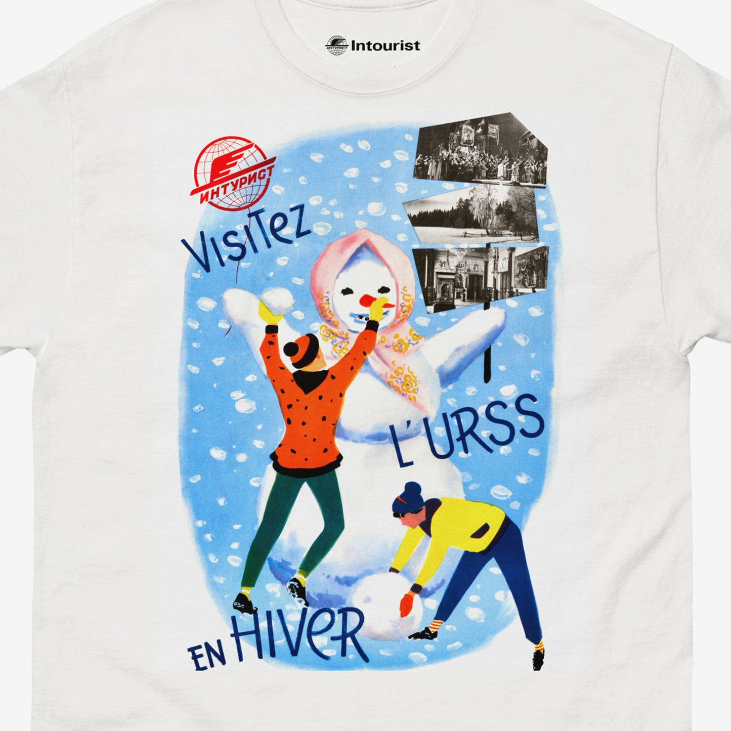Unisex white vintage 1958 Intourist Travel T-shirt Visit the USSR in Winter featuring young people building a snowman. Closeup photo. www.artsoviet.com