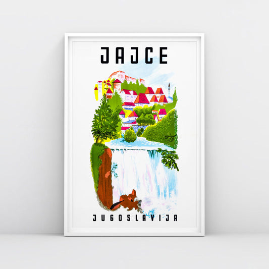 Vintage Yugoslavia Jajce travel poster – Pliva Waterfall Bosnia wall art