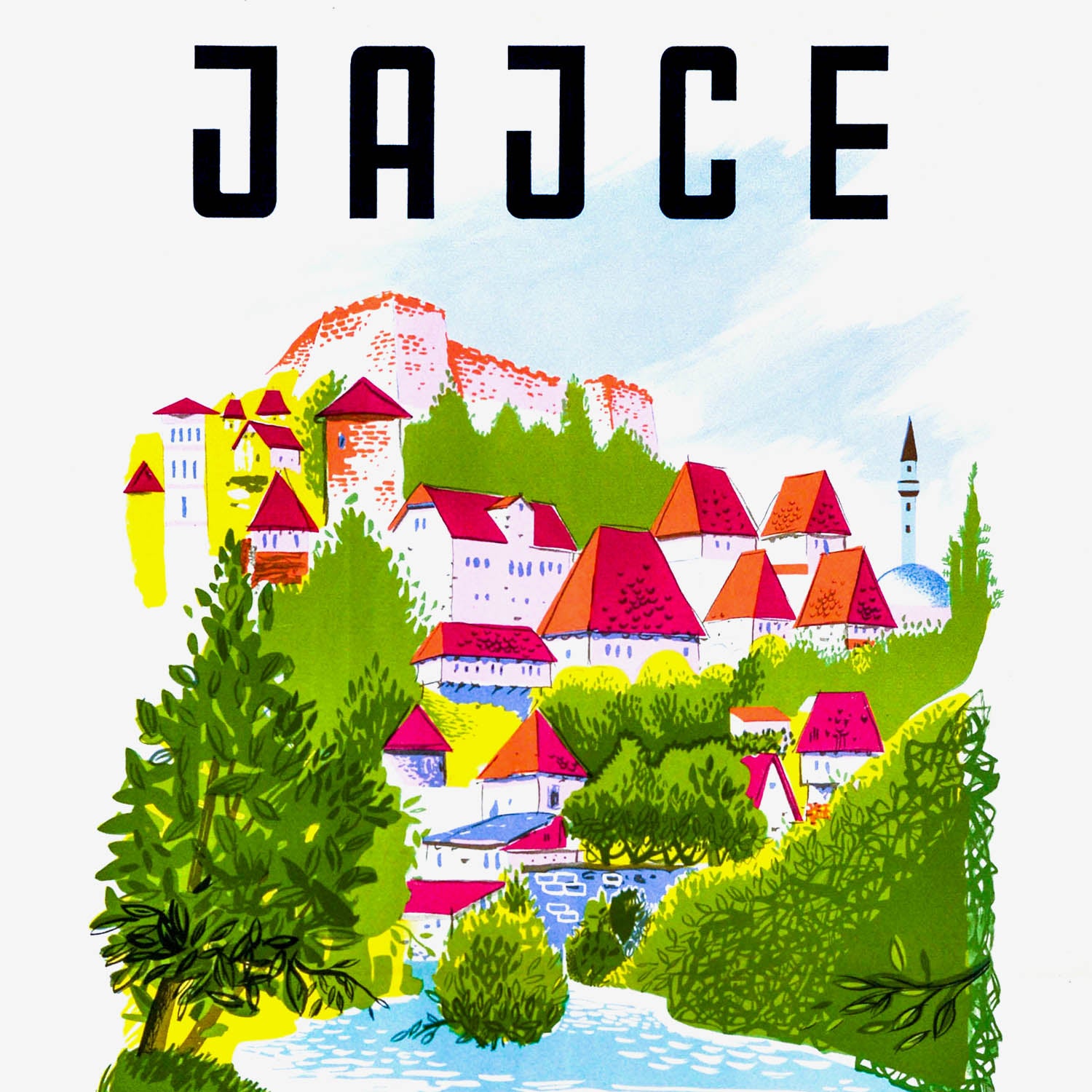 Vintage Yugoslavia Jajce travel poster – Pliva Waterfall Bosnia wall art