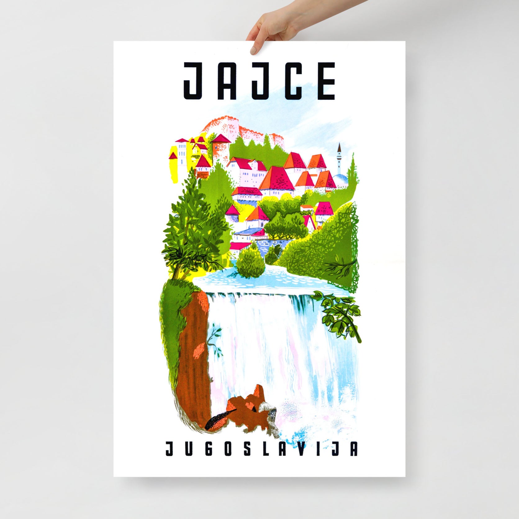 Vintage Yugoslavia Jajce travel poster – Pliva Waterfall Bosnia wall art
