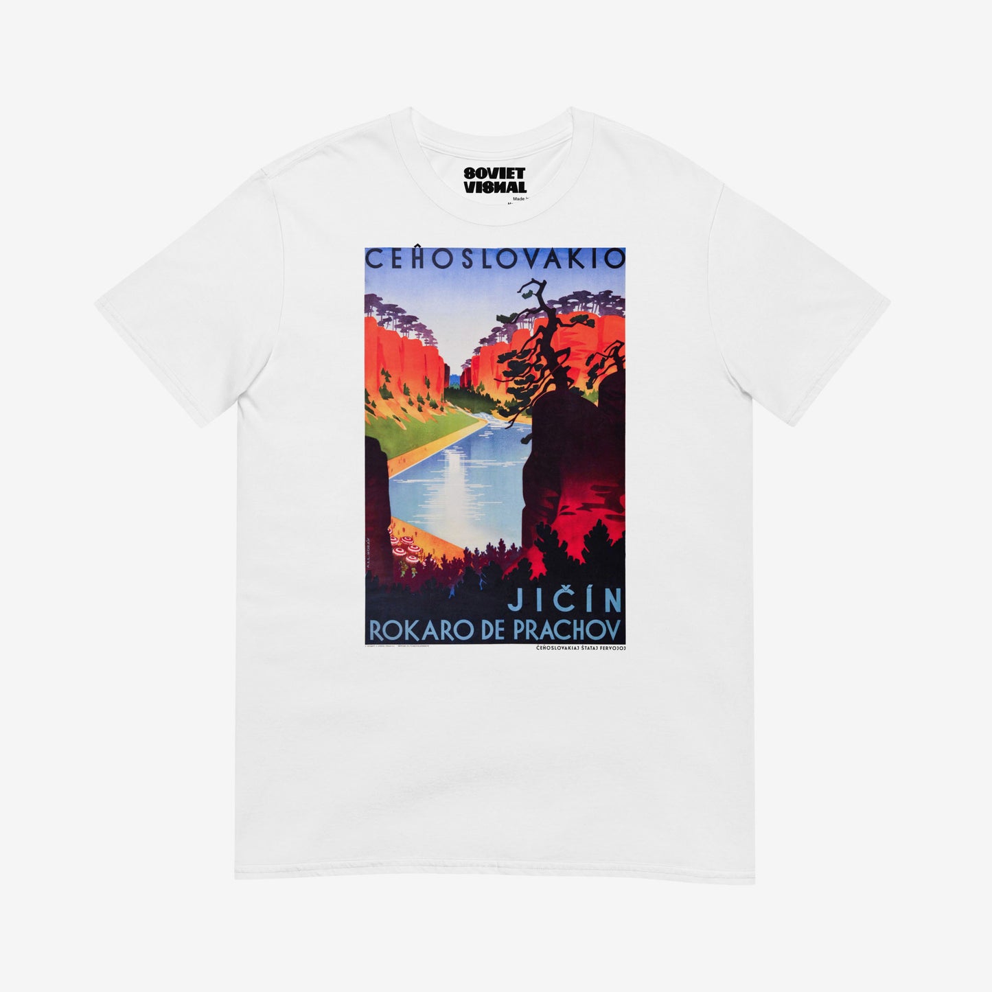 Vintage Soviet Czech T-shirt with Jičín Prachov Rocks railway poster artwork