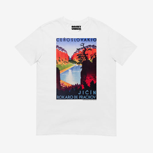 Vintage Soviet Czech T-shirt with Jičín Prachov Rocks railway poster artwork