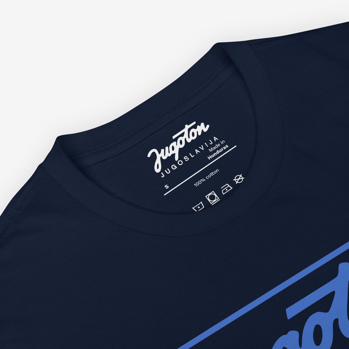 Vintage navy unisex graphic Tee featuring the iconic framed white cursive Jugoton record label logo from Yugoslavia. Closeup