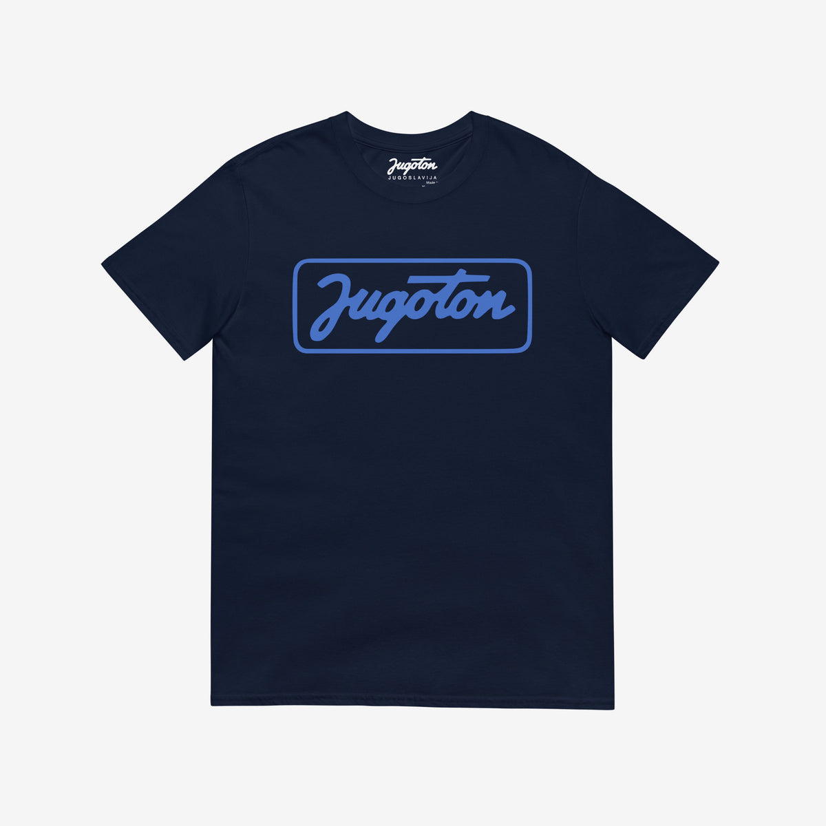 Vintage navy unisex graphic Tee featuring the iconic framed white cursive Jugoton record label logo from Yugoslavia