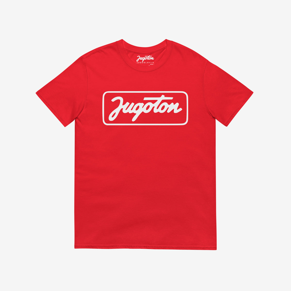 Vintage red unisex graphic Tee featuring the iconic framed white cursive Jugoton record label logo from Yugoslavia