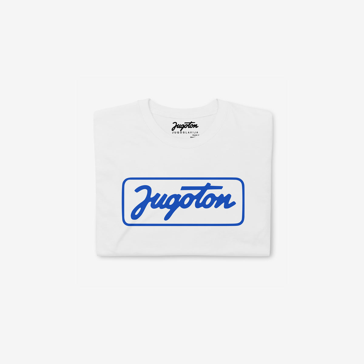 Vintage white unisex graphic Tee featuring the iconic framed white cursive Jugoton record label logo from Yugoslavia. Folded