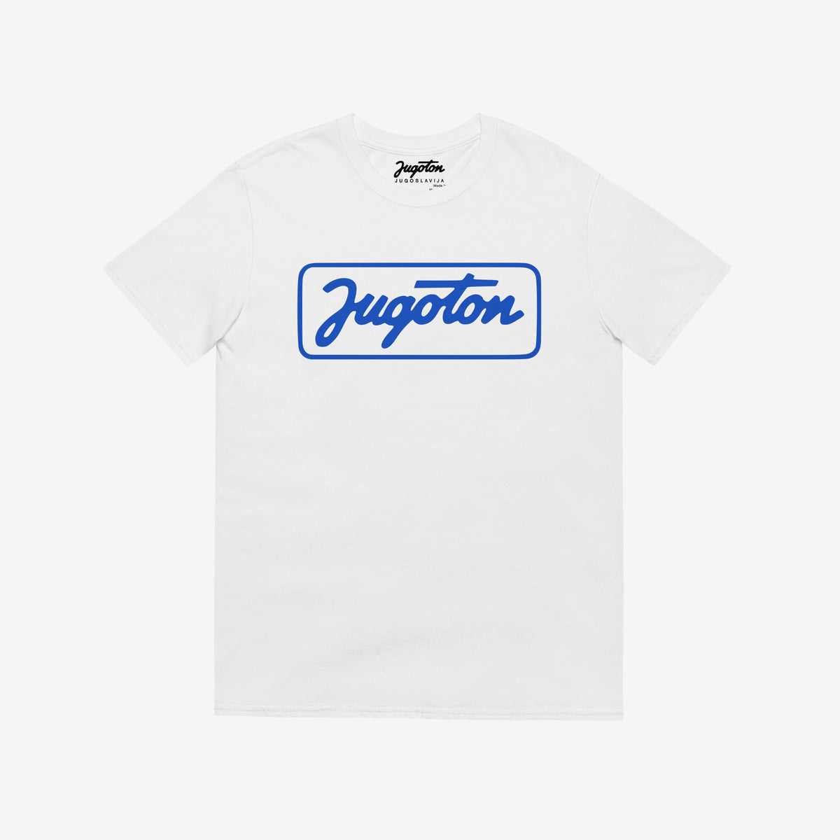 Vintage white unisex graphic Tee featuring the iconic framed white cursive Jugoton record label logo from Yugoslavia