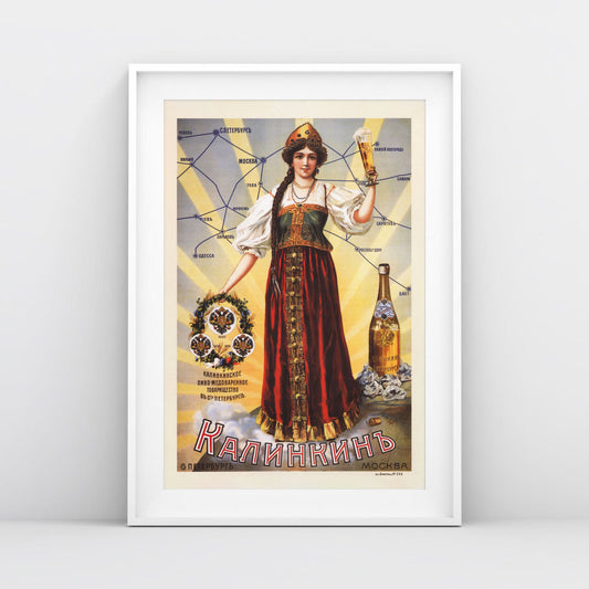 Vintage Pre-Soviet Advertising Poster - Kalinkin Honey-Beer Company - Rare Russian Empire Art