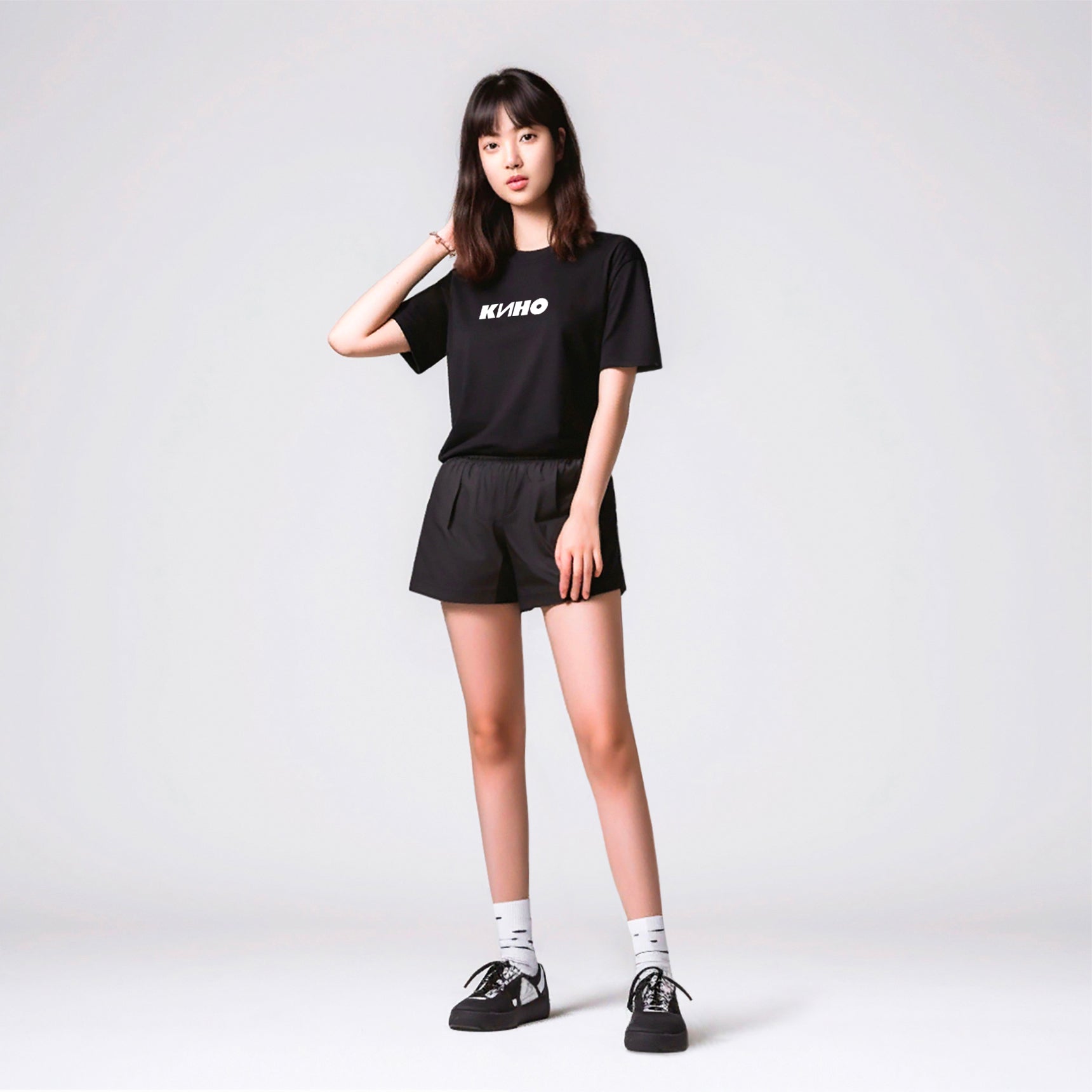 Cute korean girl model in short skirt wearing black Viktor Tsoi KINO band unisex T-shirt