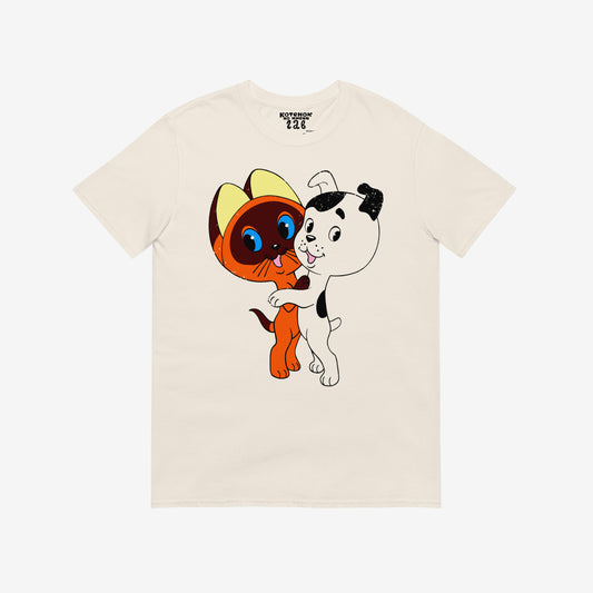 Beige colour unisex T-shirt featuring Soviet cartoon character Kotyonok Gav (Kitten Woof - Котёнок Гав)