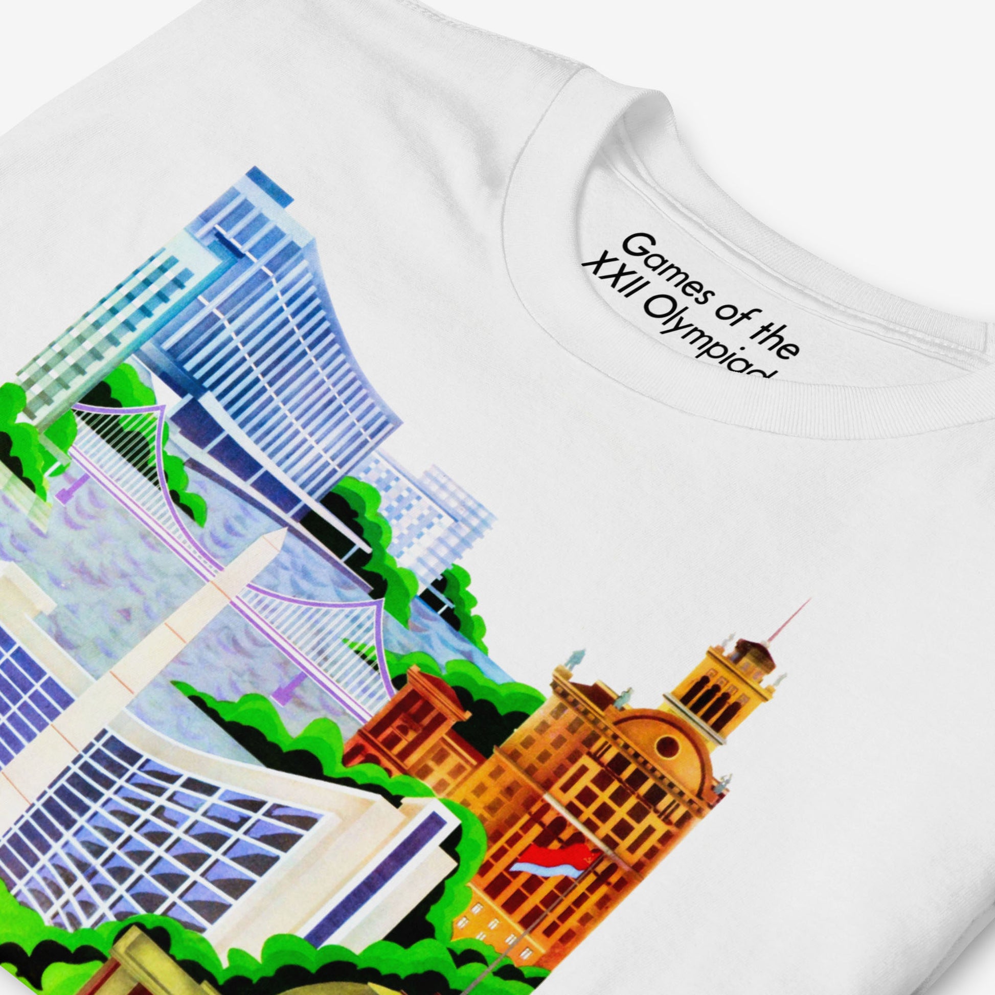 White unisex T-shirt with rare large Soviet 1980 Olympics design showing Kyiv. Closeup print details photo with Games of the XXII Olympiad logo seen on the necktag. www.artsoviet.com