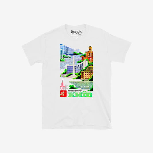 White unisex T-shirt with rare Soviet 1980 Olympics design showing Kyiv. www.sovisual.art