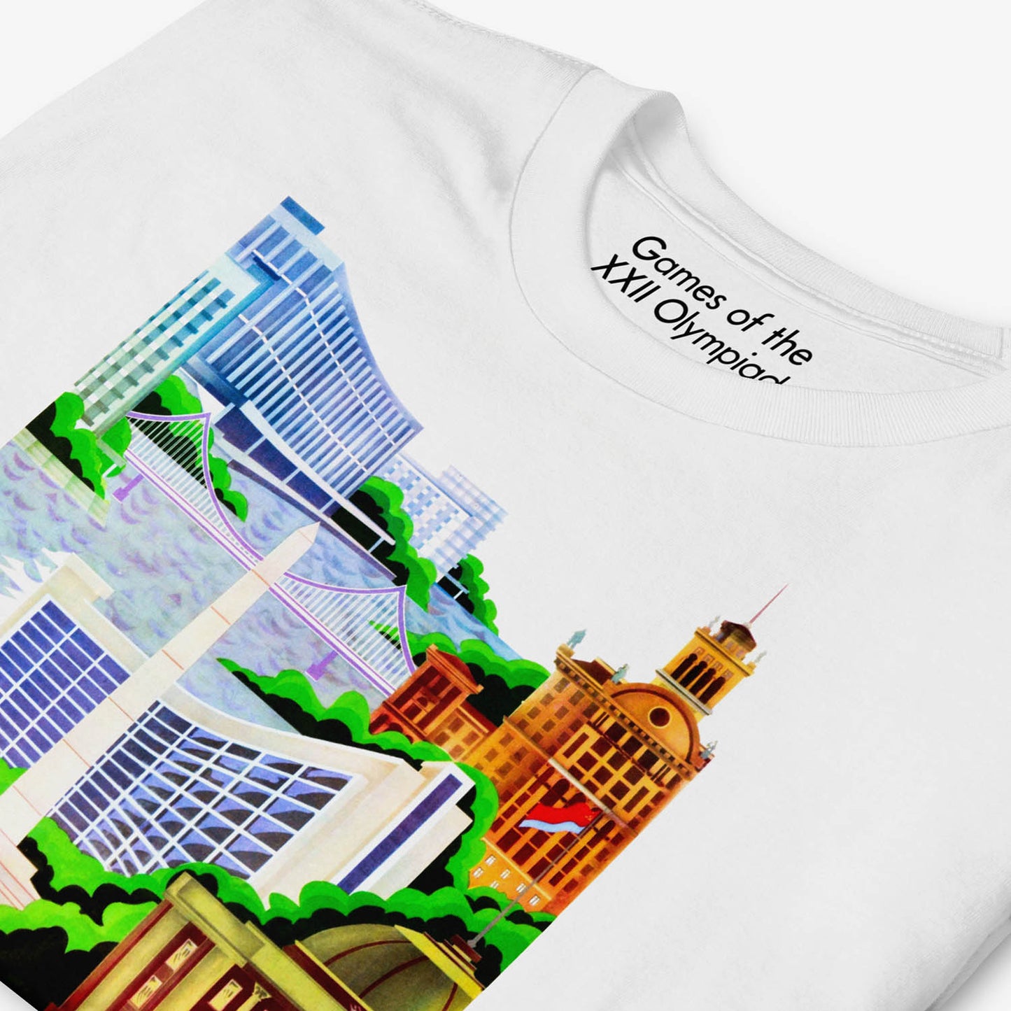 White unisex T-shirt with rare Soviet 1980 Olympics design showing Kyiv. Closeup photo. www.sovisual.art