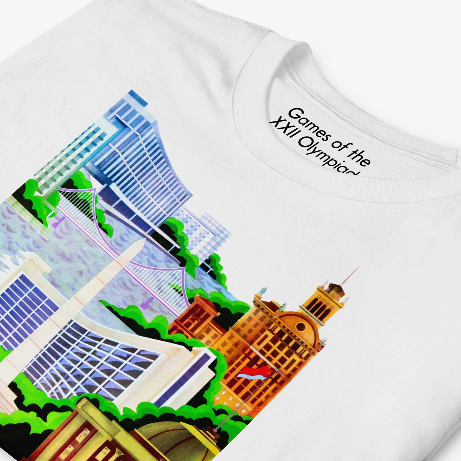 White unisex T-shirt with rare Soviet 1980 Olympics design showing Kyiv. Closeup photo. www.sovisual.art