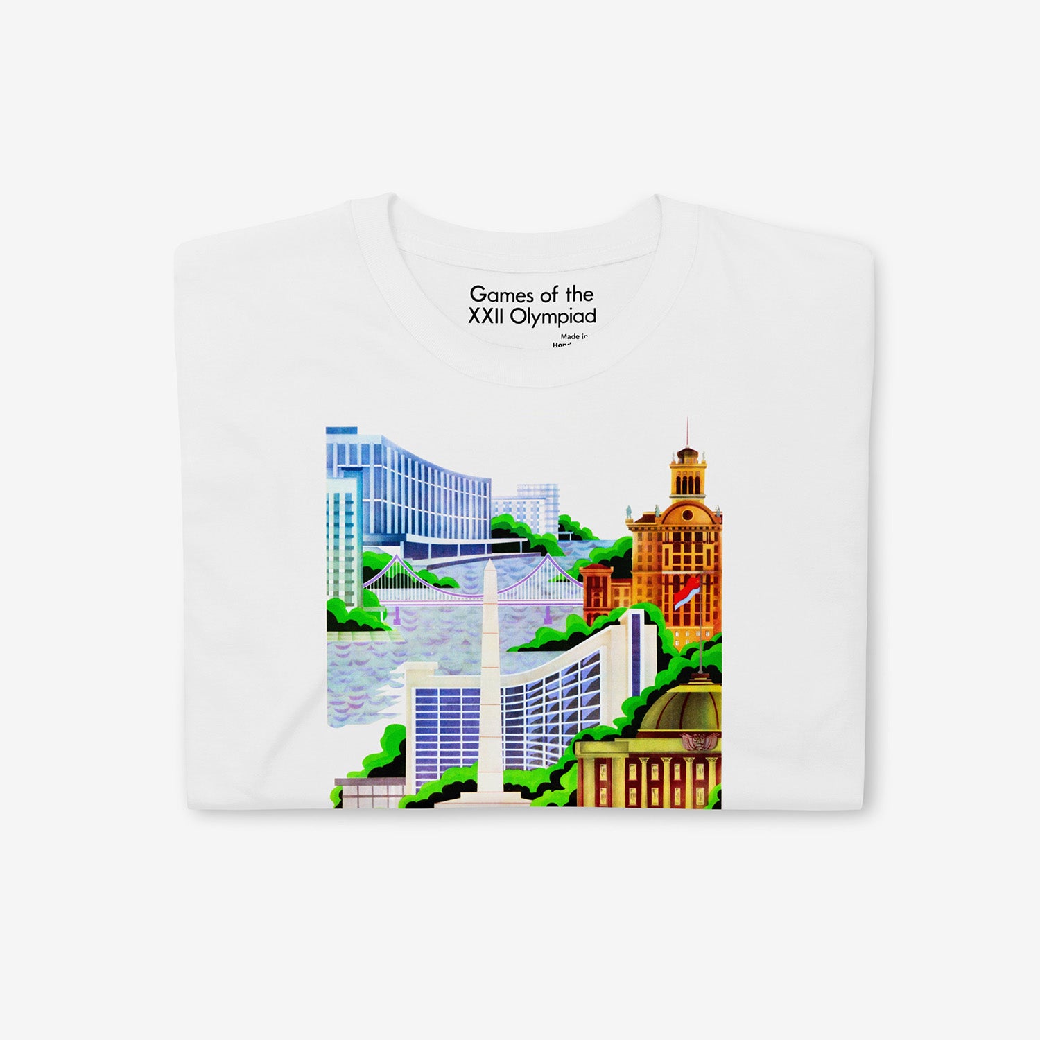 White unisex T-shirt with rare Soviet 1980 Olympics design showing Kyiv. Closeup photo with custom olympic necktag design seen. www.sovisual.art