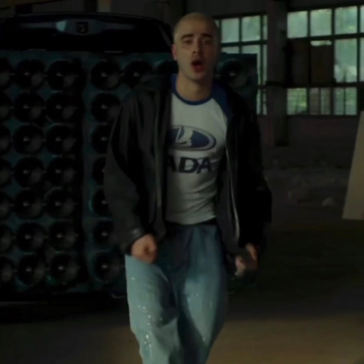White unisex baseball T-shirt featuring Soviet car logo LADA worn by russian rapper Husky