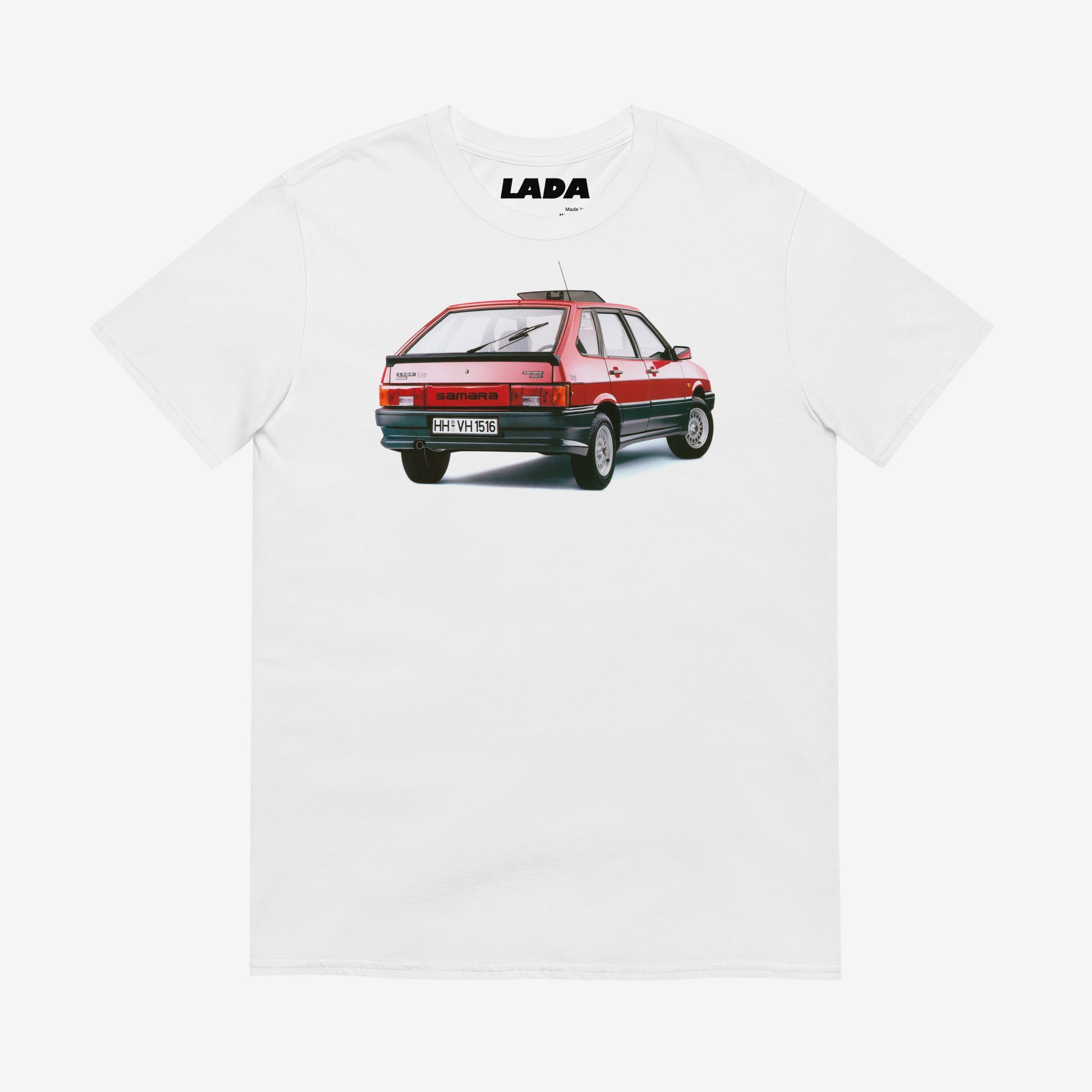 Premium T-shirt featuring a cherry-red Lada Samara (VAZ-2109) in a bold Soviet design.