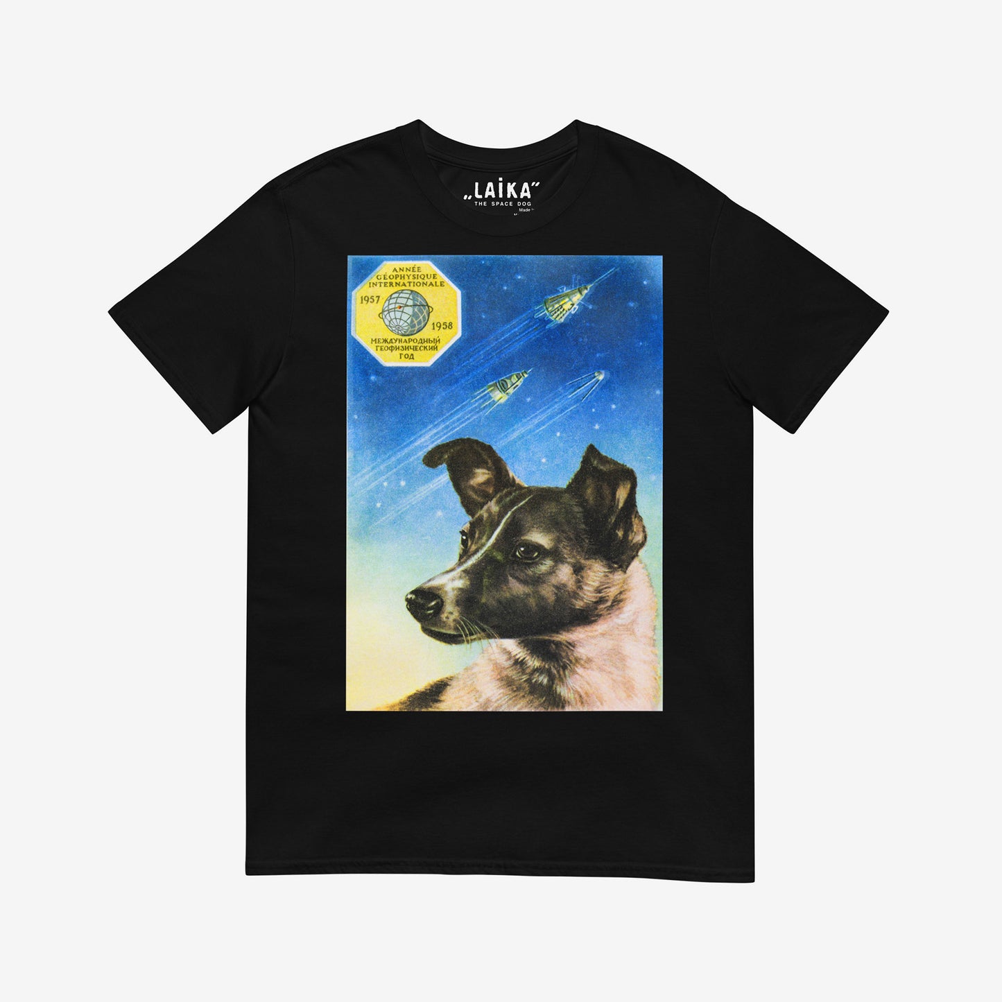 Premium unisex black T-shirt with a large Soviet art print of Laika the space dog. www.artsoviet.com