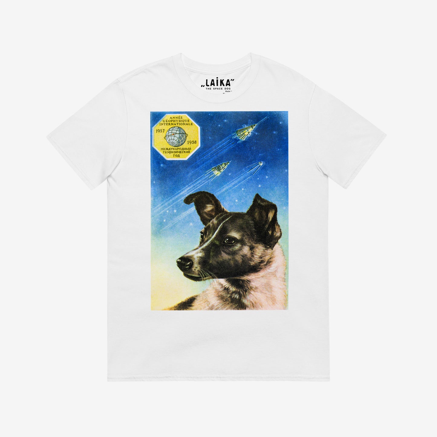 Premium unisex white T-shirt with a large Soviet art print of Laika the space dog. www.artsoviet.com