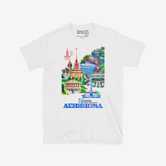 Unisex white T-shirt with rare Soviet 1980 Olympic Games in Leningrad art. From artsoviet.com