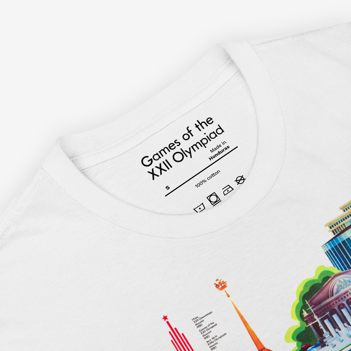 Unisex white T-shirt with rare Soviet 1980 Olympic Games in Leningrad art. Closeup photo showing custom necktag design with text "Games of the XXII Olympiad". From artsoviet.com