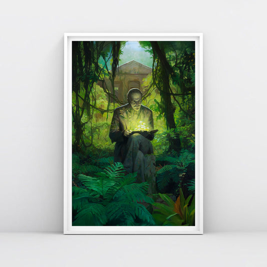 Poster of Lenin statue in forest with glowing green mushrooms growing from his book and body, surreal psychedelic Soviet art