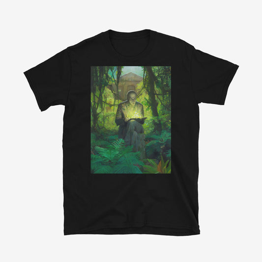 T-shirt with surreal image of Lenin statue in forest reading a book with glowing green mushrooms growing from it and on him