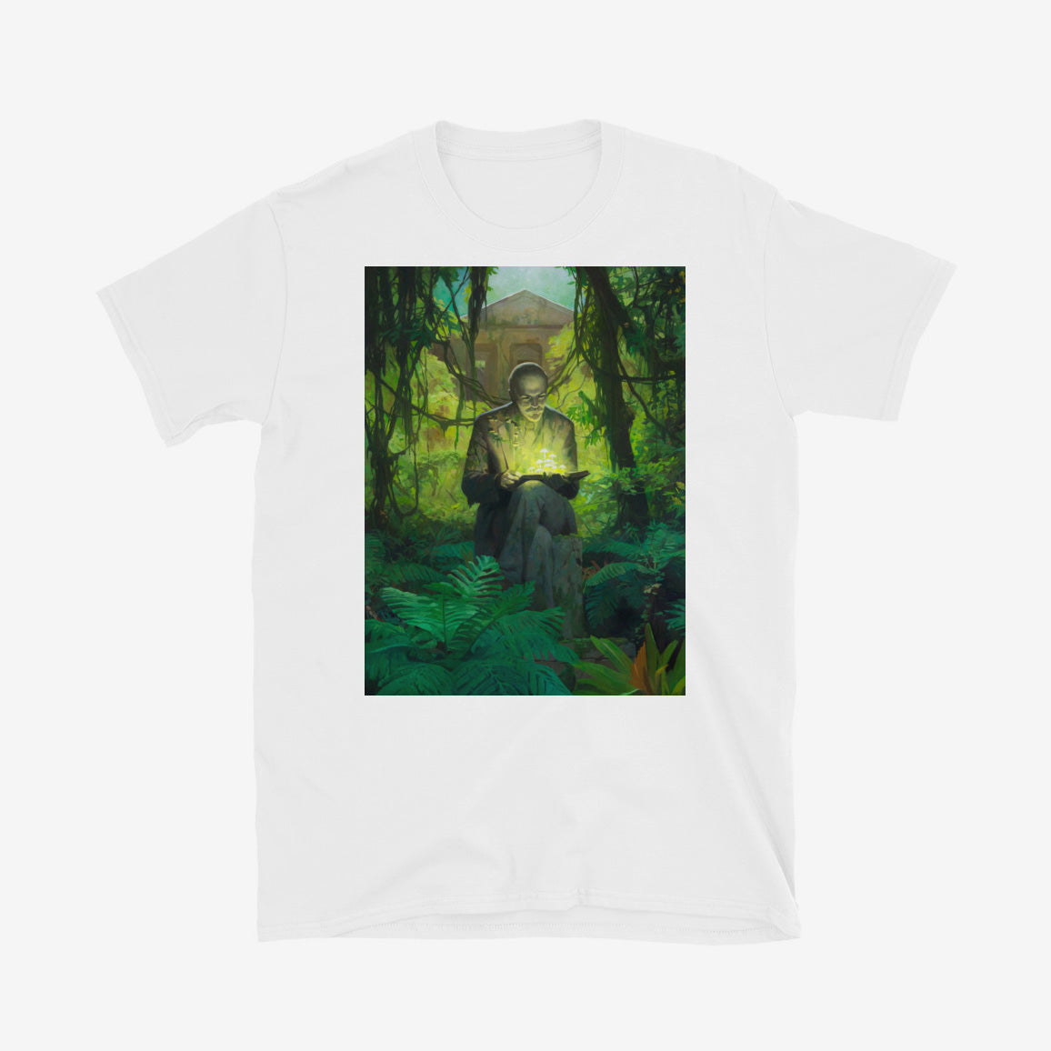 T-shirt with surreal image of Lenin statue in forest reading a book with glowing green mushrooms growing from it and on him