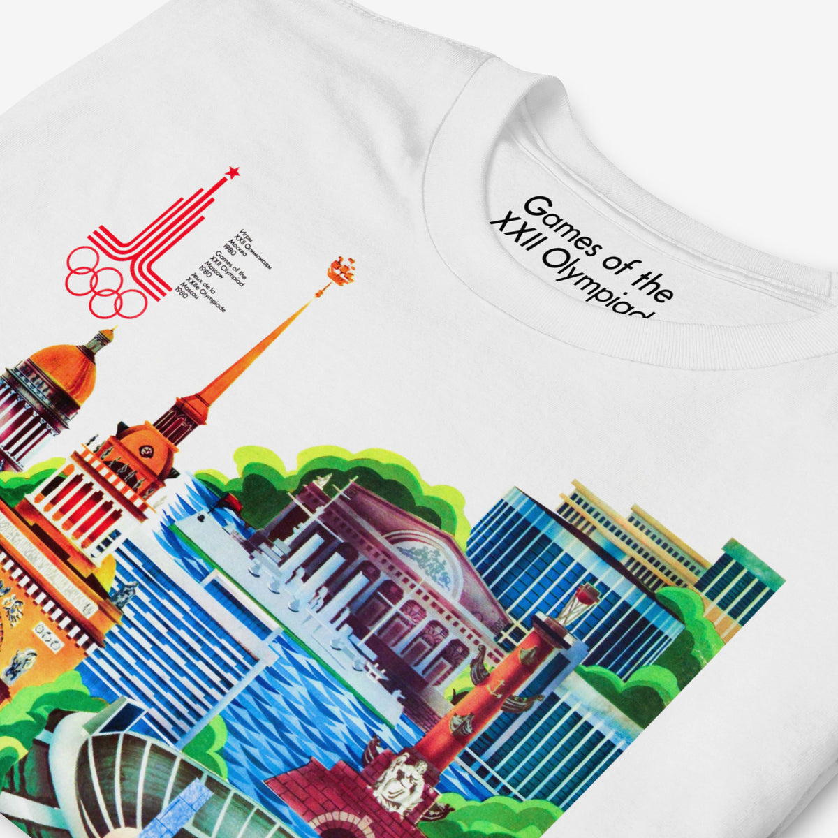 Official retro Soviet 1980 Olympic Games in Leningrad unisex white T-shirt. Closeup photo showing custom necktag design with text "Games of the XXII Olympiad". Closeup