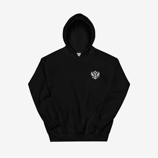 Black unisex hoodie with the official minimalist version of coat of arms of the Russian Federation, with double-headed eagle emblem positioned over the left chest and small emblem and RUSSIA written on the back neck side