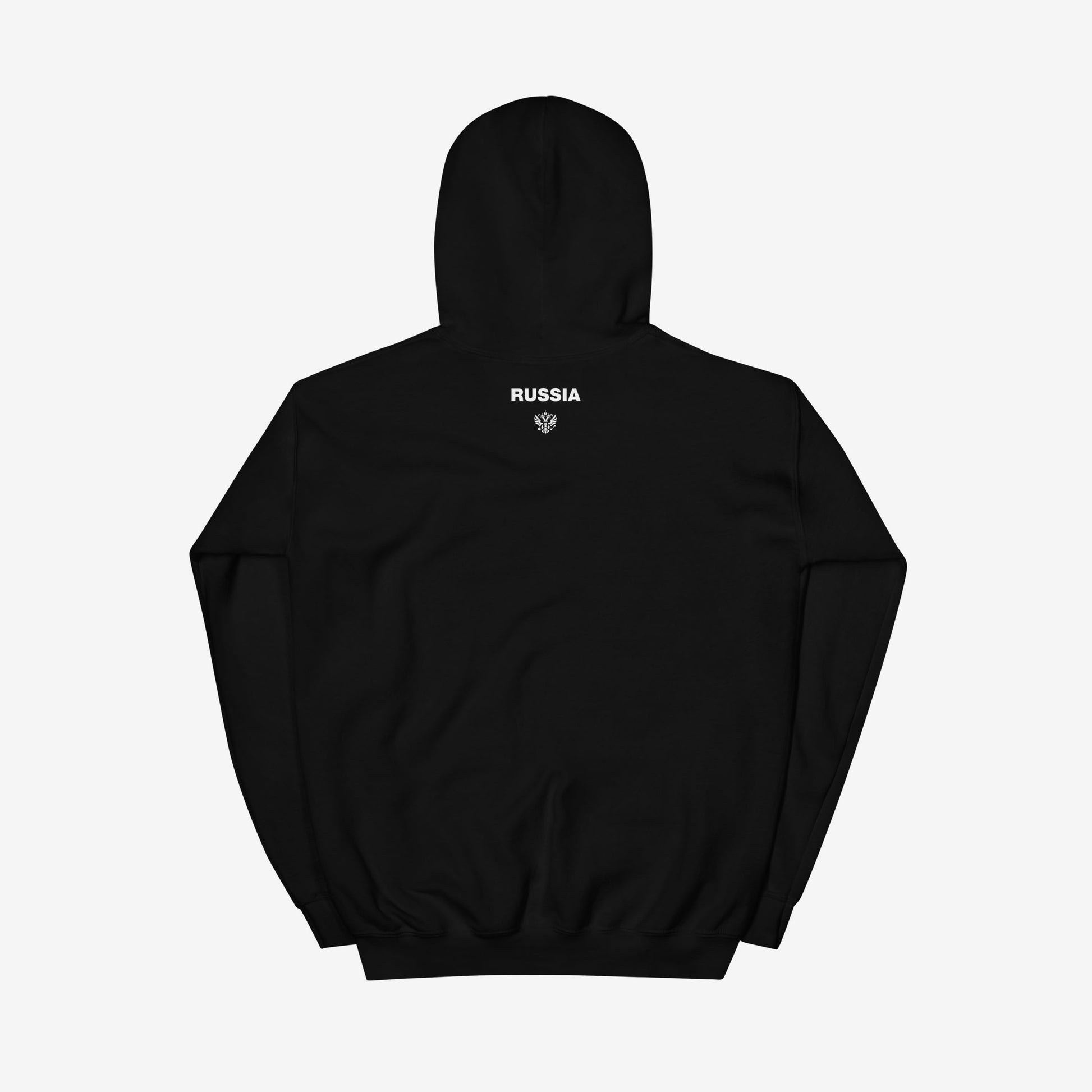 Black unisex hoodie with the official minimalist version of coat of arms of the Russian Federation, with double-headed eagle emblem positioned over the left chest and small emblem and RUSSIA written on the back neck side
