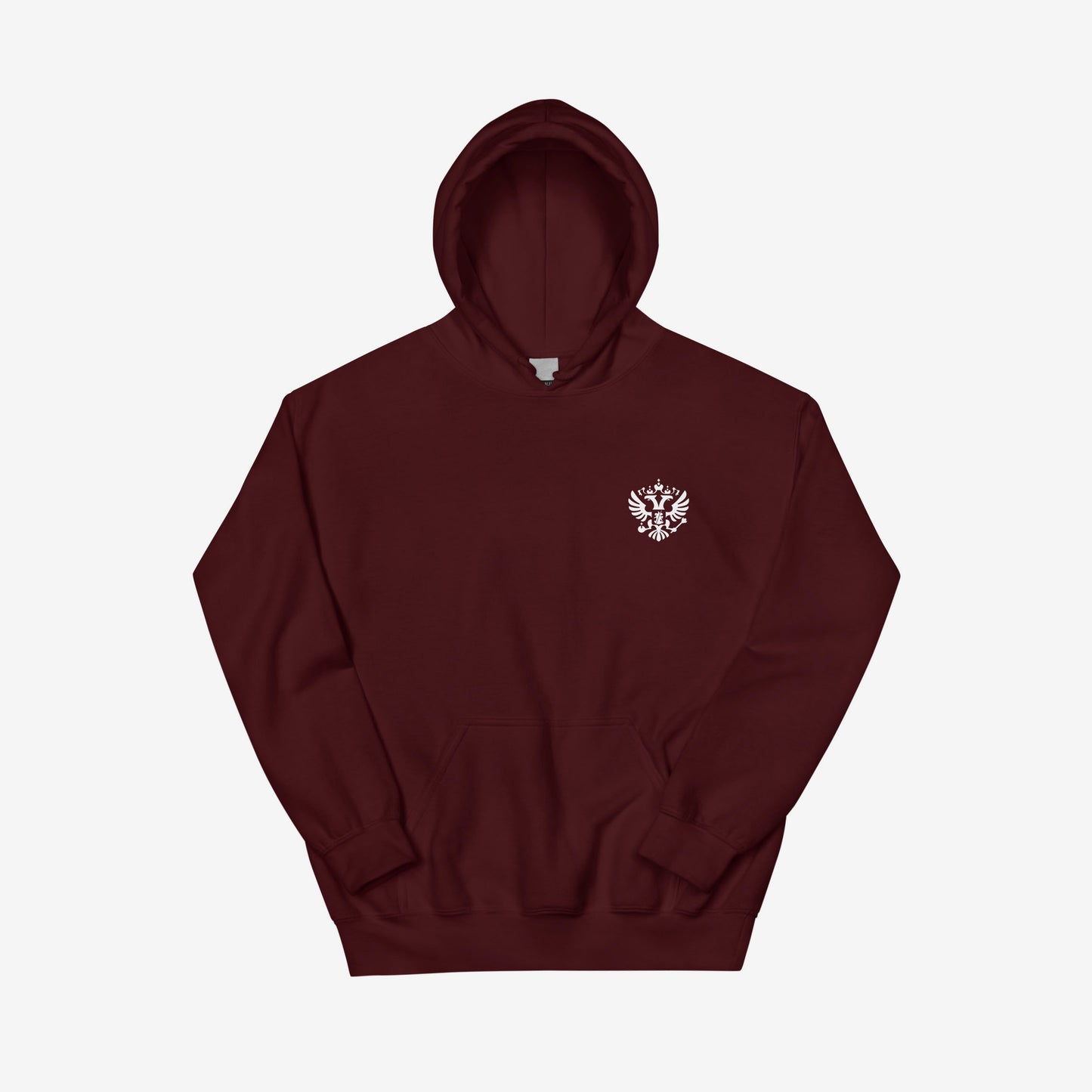 Maroon red blue unisex hoodie with the official minimalist version of coat of arms of the Russian Federation, with double-headed eagle emblem positioned over the left chest and small emblem and RUSSIA written on the back neck side